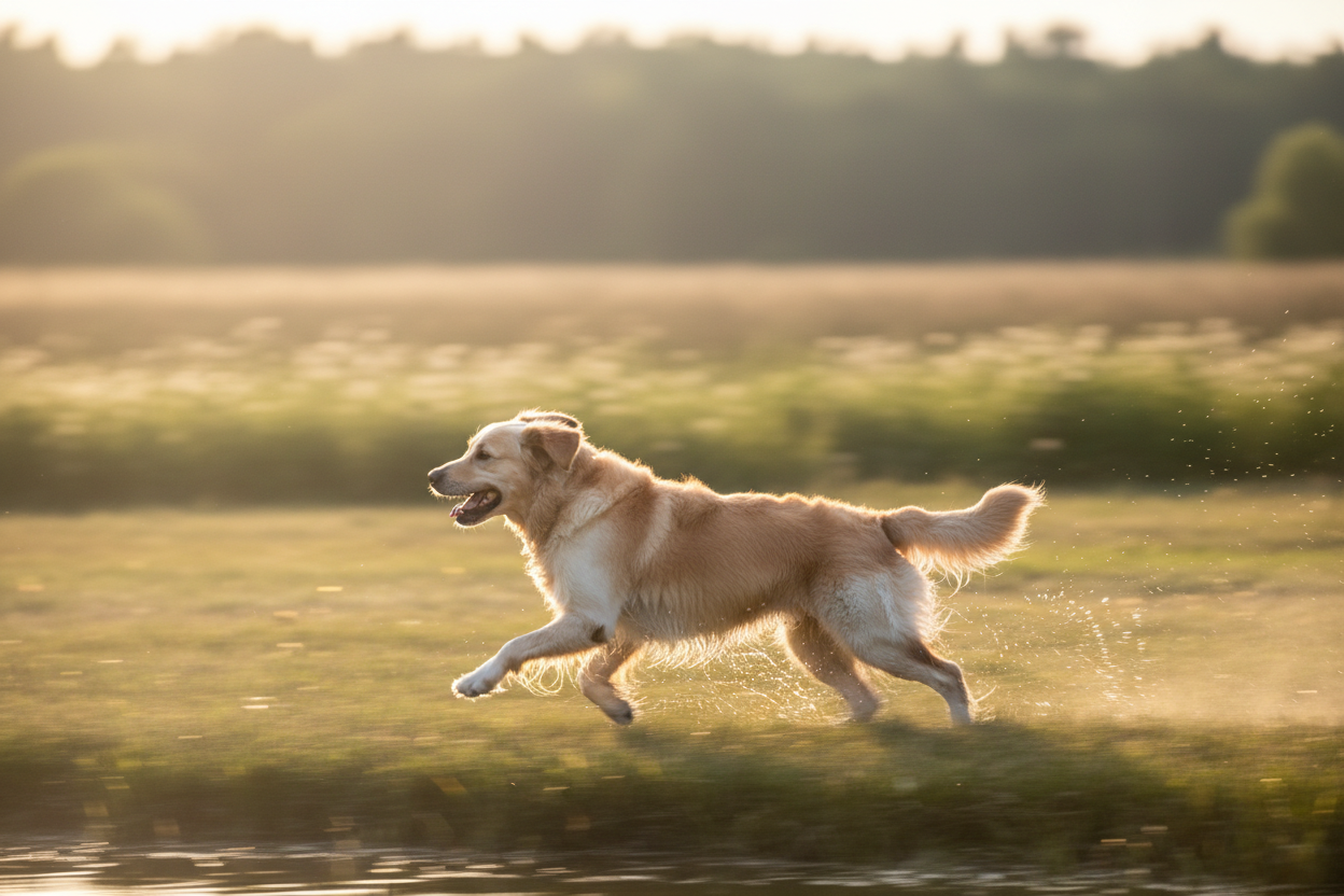 Dog running from the left